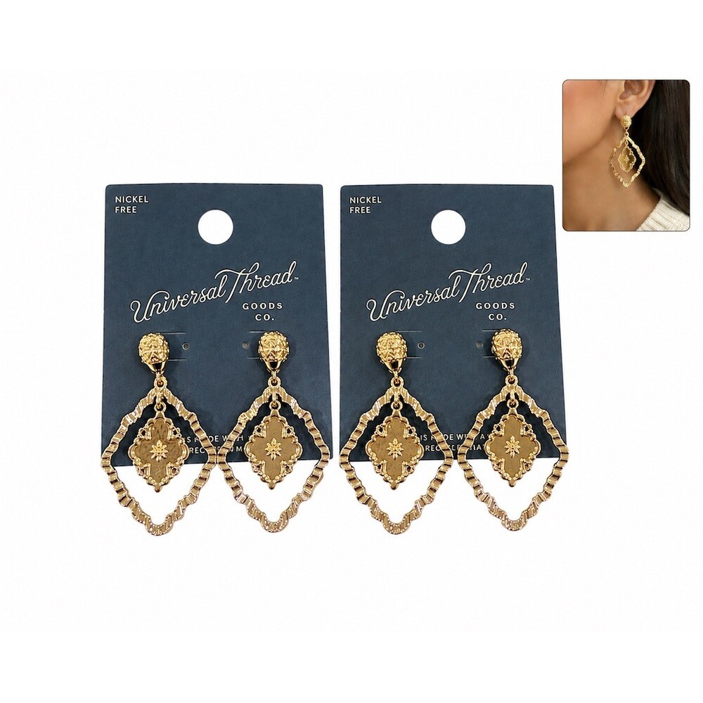 2- Universal Thread Earrings Gold Quatrefoil Textured Diamond Drop Dangle gift